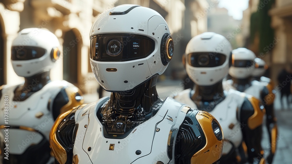 Fototapeta premium A lineup of humanoid robots in a futuristic urban setting.