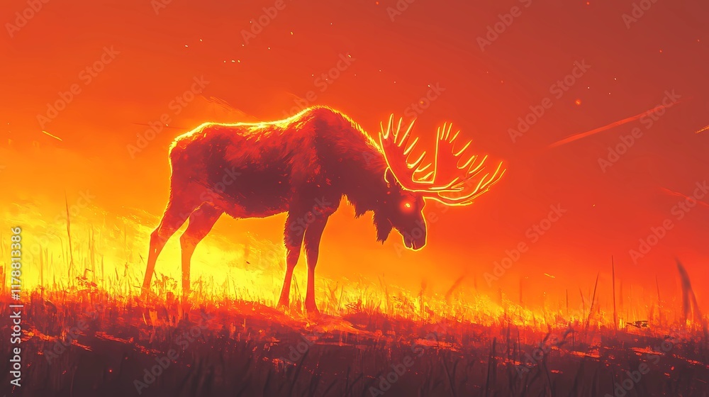Moose near a tranquil forest pond, reflecting the calmness of nature, surrounded by lush vegetation and serenity, style book illustration Moose near a tranquil forest pond, reflecting the calmness of nature, surrounded by lush vegetation and serenity, style book illustration