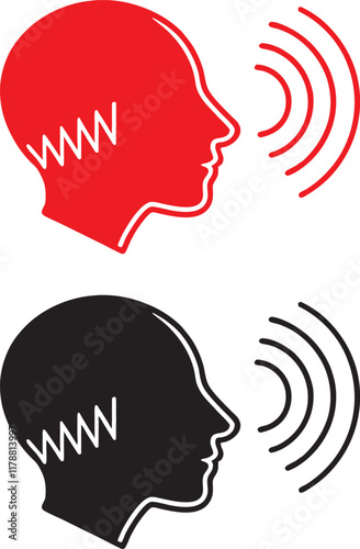 Red and black graphic icons, sound wave visualization, human head silhouette, ear shape, audio perception concept, minimalist design, bold contrasting colors, symmetrical composition, audiology symbol