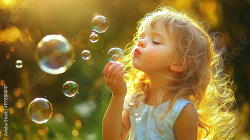 Child Blowing Bubbles Outdoors in Golden Sunlight