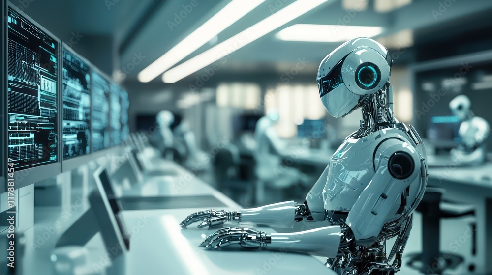 Fototapeta premium Futuristic robot development in labs through AI.