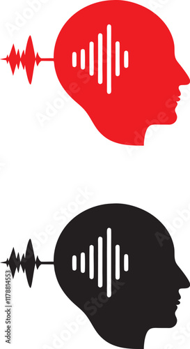Red and black graphic icons, sound wave visualization, human head silhouette, ear shape, audio perception concept, minimalist design, bold contrasting colors, symmetrical composition, audiology symbol