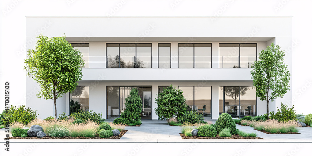 Fototapeta premium A modern, white office building with well-maintained landscaping.