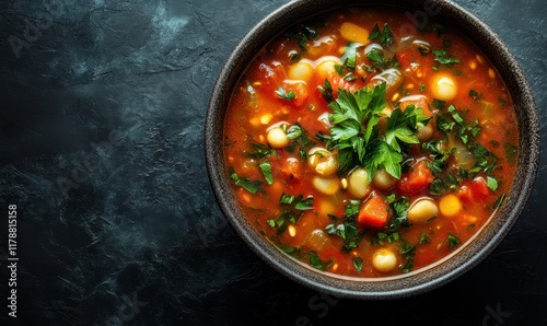 Delicious tomato soup in a bowl garnished with fresh vegetables
