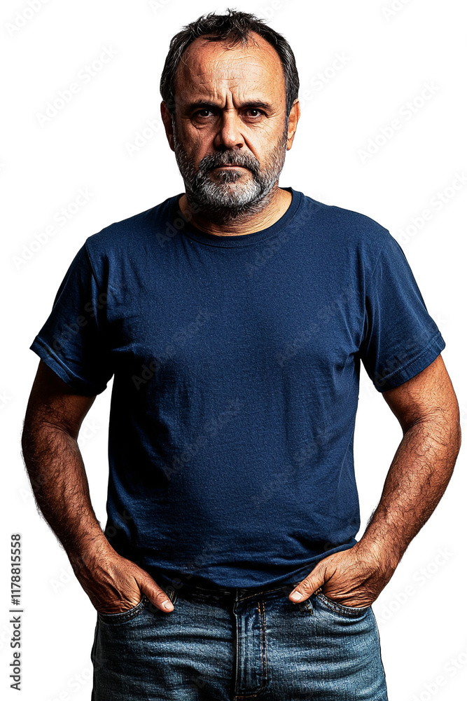 Fototapeta premium an older man wearing a blue t - shirt and jeans poses for a portrait PNG image, PNG file, Generative art.