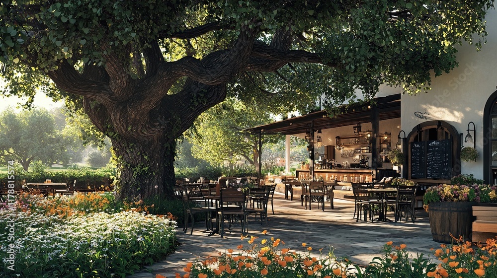 Obraz premium Serene Outdoor Cafe: A charming outdoor cafe with a rustic patio, nestled beneath the shade of a sprawling oak tree. The scene is bathed in warm sunlight.