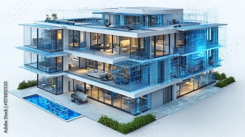Modern Architectural Design: Luxurious Smart Home with Pool and Blueprint Overlay