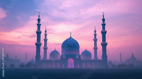 Majestic mosque at sunset, glowing softly in the twilight mist. photo