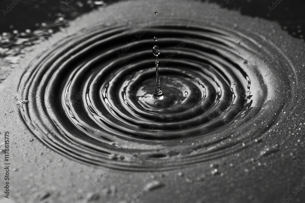Drop of water falling into a circular puddle. The water is dark and the puddle is black Drop of water falling into a circular puddle. The water is dark and the puddle is black