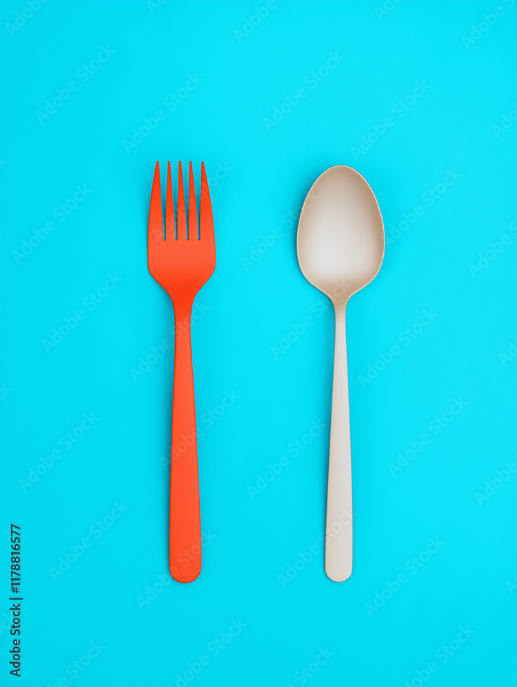 Fork and Spoon on Blue Background Image Fork and Spoon on Blue Background Image