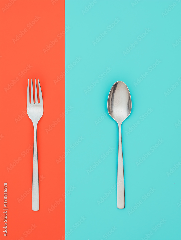 Fork and Spoon on Blue and Red Background Photo Fork and Spoon on Blue and Red Background Photo