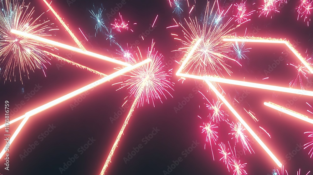 Naklejka premium Neon Lights and Fireworks Display at Night