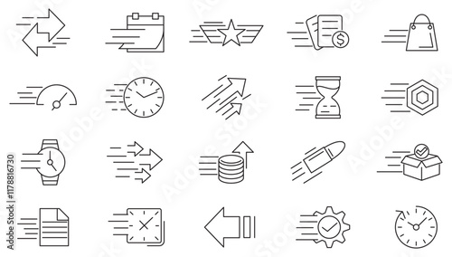 Speed line icon set. Containing fast, productivity, indicator, turbo, speeding, cloche, courier, time, run, gauge, movement, accelerate, flash, motion, rapid line icon set. Ui thin line icon pack.