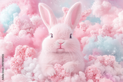 Zartes rosa Kaninchen in einer fantasievollen Wolkenlandschaft, Delicate pink rabbit in a whimsical cloudscape photo