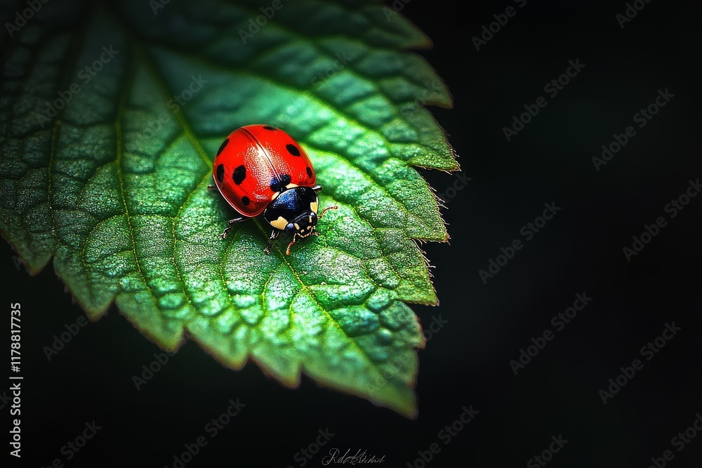Fototapeta premium A red and black ladybug on the edge of a green leaf captured with high - quality, high - detail macro photography under high natural light.