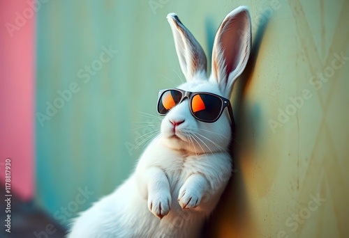 Cool quirky rabbit wearing sunglasses leaning or posing against a colorful wall. Cute relaxed animal. Bright vibrant colors. Ideal for spring, Easter and humor themes.