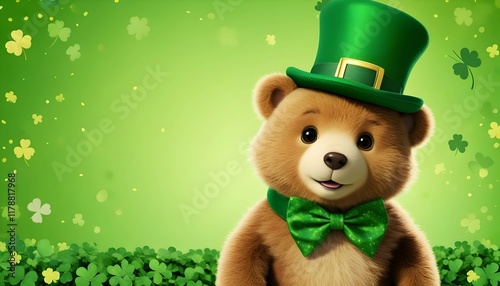 Cute St patricks day teddy bear with green leprechaun hat, bow tie on green background with shamrocks. Festive celebration theme, copy space. Ideal for Irish banner, poster or card