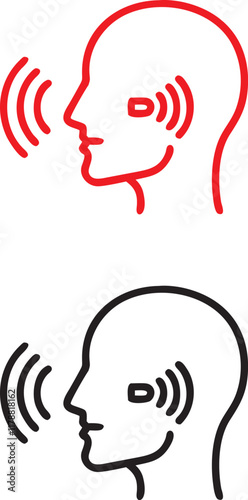 Red and black graphic icons, sound wave visualization, human head silhouette, ear shape, audio perception concept, minimalist design, bold contrasting colors, symmetrical composition, audiology symbol