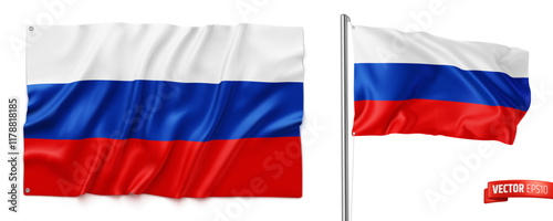 Vector realistic illustration of Russian flags on a white background.