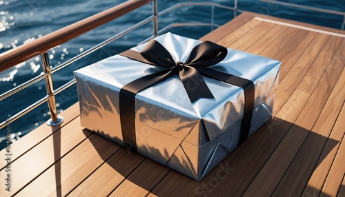 Silver gift box with black ribbon on a luxury yacht deck overlooking the ocean.