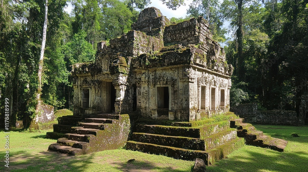 Ancient stone temple surrounded by lush greenery, showcasing historical architecture. Ancient stone temple surrounded by lush greenery, showcasing historical architecture.