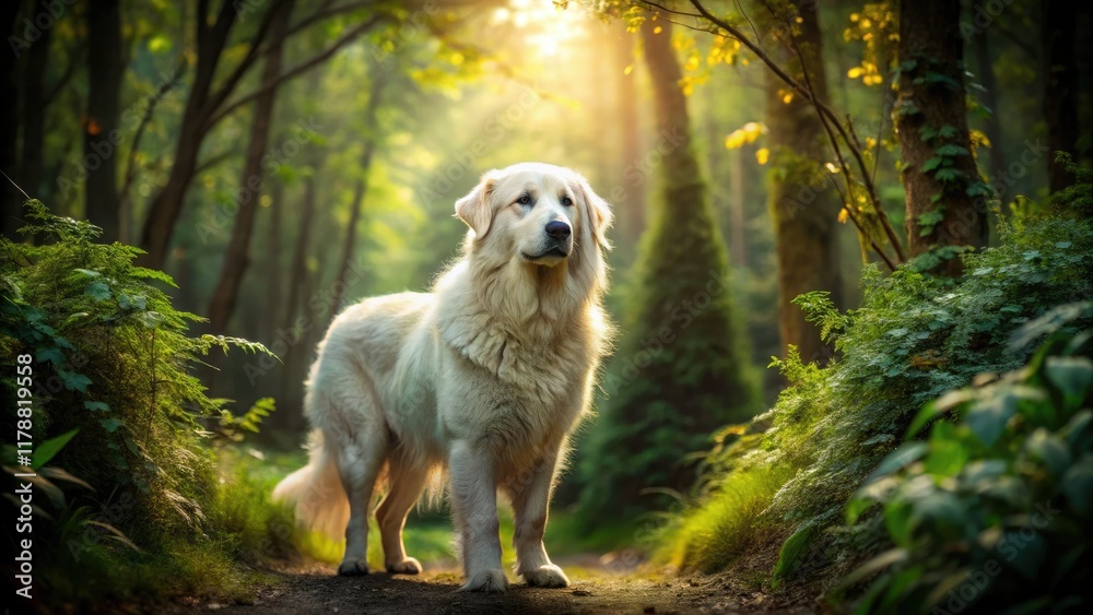Majestic Maremma Sheepdog, silhouetted against a dark forest, captures the essence of low-light nature photography. Majestic Maremma Sheepdog, silhouetted against a dark forest, captures the essence of low-light nature photography.