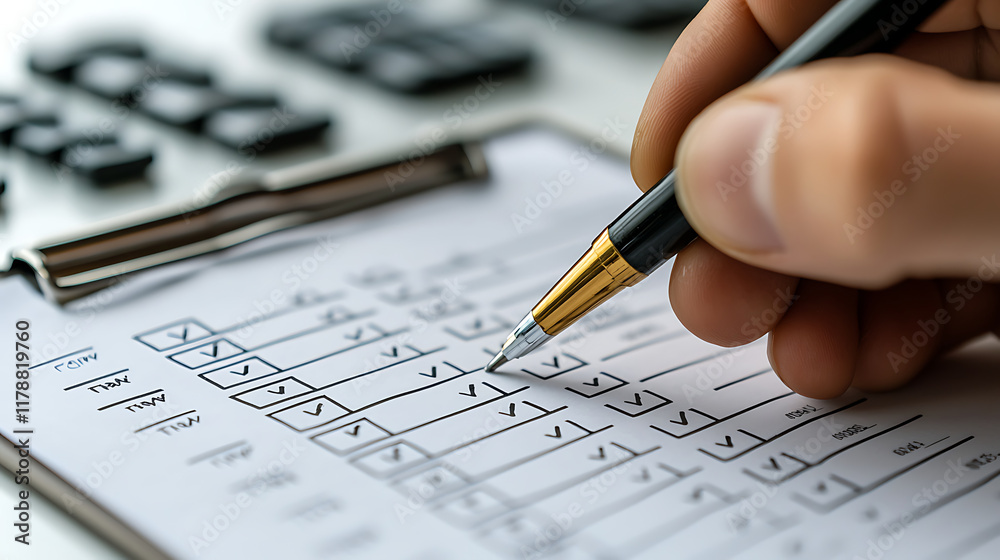 Professional reviewing tax filing checklist with pen in hand Professional reviewing tax filing checklist with pen in hand