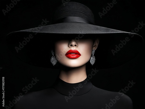 A woman wearing a black hat and red lipstick