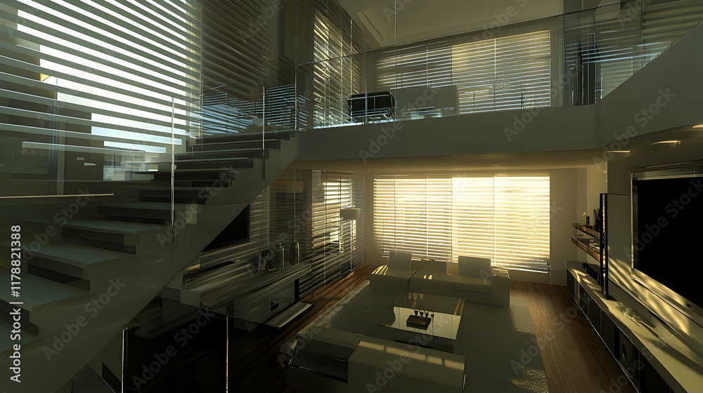 Fototapeta premium Modern, bright, open-plan interior, multi-level home, sunlit living area.
