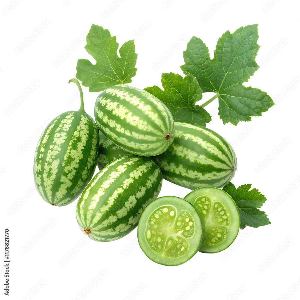 A small cluster of cucamelons with bright green, striped skins, arranged naturally.isolated on a transparent background. A small cluster of cucamelons with bright green, striped skins, arranged naturally.isolated on a transparent background.