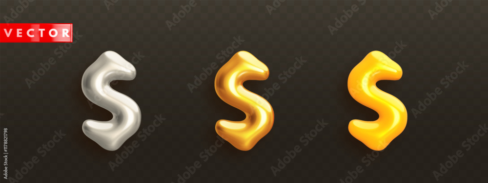Glossy 3d dollar icons in realistic style. Gold, silver and yellow dollars isolated on transparent dark background. Usd currency symbol. Sign of finance, investments and savings. Vector illustration Glossy 3d dollar icons in realistic style. Gold, silver and yellow dollars isolated on transparent dark background. Usd currency symbol. Sign of finance, investments and savings. Vector illustration