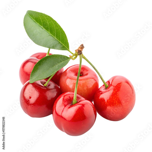 A small cluster of bright red acerola cherries with smooth skins, arranged naturally. isolated on a transparent background.