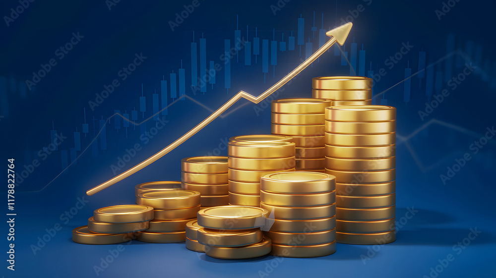 A detailed 3D illustration of gold coins stacked in ascending order with a clear upward trending graph symbolizing an increase in gold prices, against a dark gradient background. A detailed 3D illustration of gold coins stacked in ascending order with a clear upward trending graph symbolizing an increase in gold prices, against a dark gradient background.