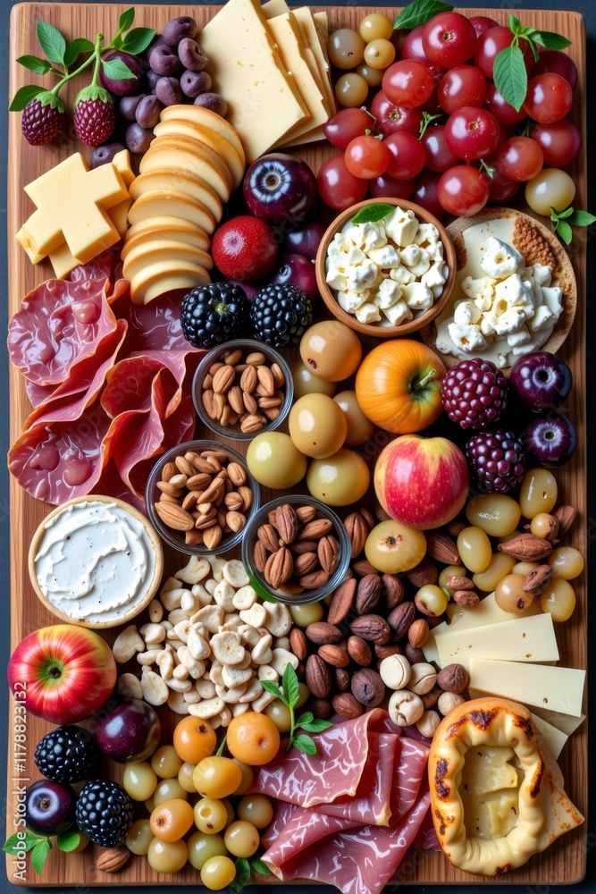 Delicious Gourmet Cheese and Charcuterie Board with Fresh Fruit and Nuts Delicious Gourmet Cheese and Charcuterie Board with Fresh Fruit and Nuts