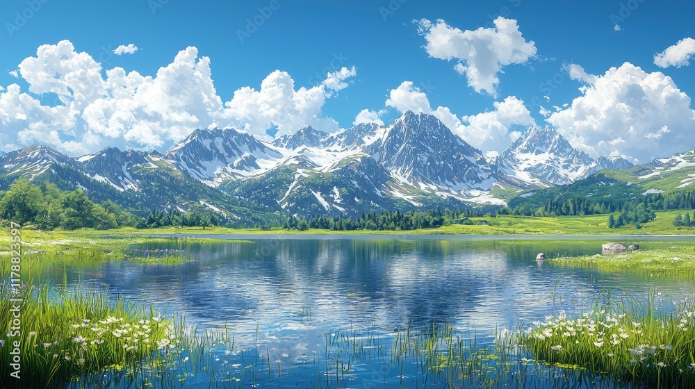 Fototapeta premium Majestic Mountain Lake Landscape: Serenity and Tranquility in Nature's Embrace