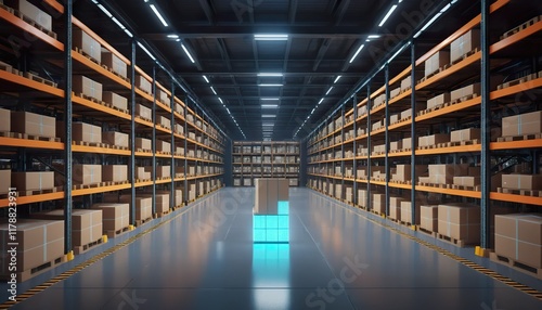 Wallpaper Mural Modern warehouse interior with high shelving and stacked cardboard boxes.  Luminous teal-colored cube in the center. Torontodigital.ca
