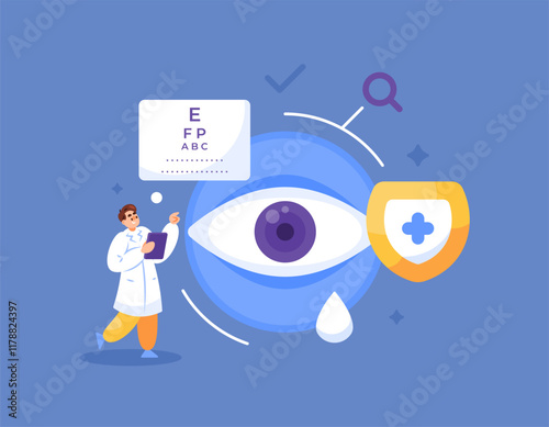 illustration of a doctor checking the health condition of the eyes. concept of eye specialist or ophthalmologist. treatment and examination of the eyes or vision system. flat style design. elements