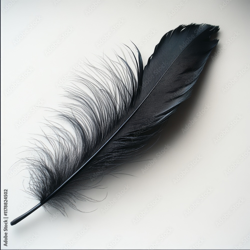 Close-up of a single black feather on a white background, highlighting its intricate details and soft texture. Close-up of a single black feather on a white background, highlighting its intricate details and soft texture.