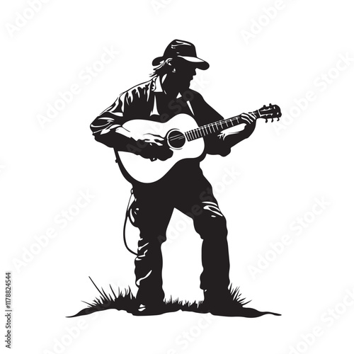 Old Man Playing Guitar in Vintage Art Style - Vector Illustration