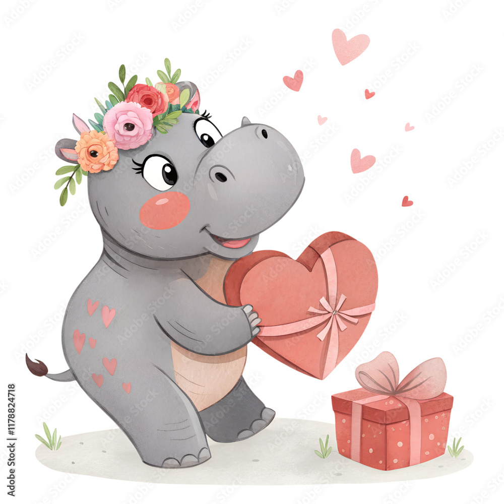 Obraz premium Cute cartoon baby pygmy hippo with flower crown whimsical art, isolated on white or transparent background