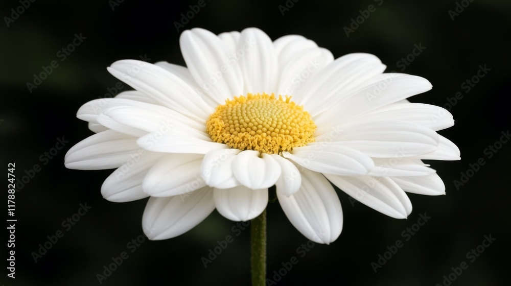Fototapeta premium Single white daisy flower with yellow center, isolated on black background.