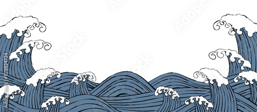 筆で書かれた波のベクターイラスト素材 海 和風  白背景 