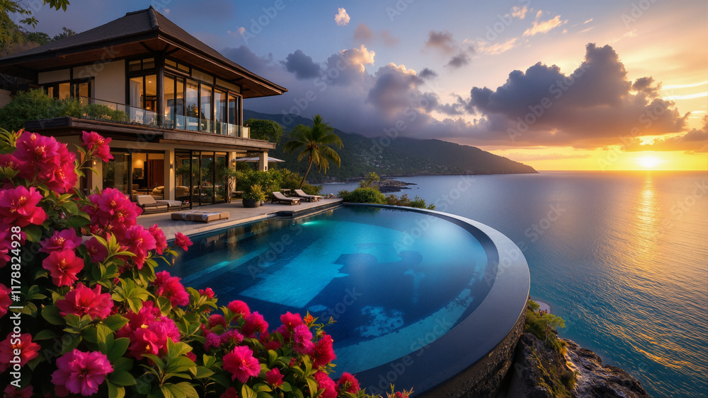 Obraz premium Luxury oceanfront villa with infinity pool at sunset. Stunning tropical view.