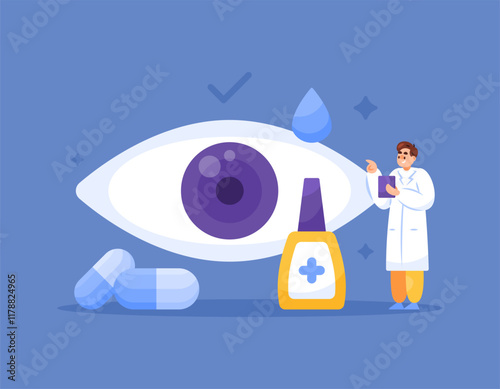 illustration of a doctor giving vitamins and medicine for eye health. concept of eye specialist or ophthalmologist. care and treatment of eyes or vision system. flat style design. elements