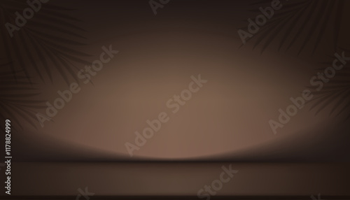 Brown Background,Empty Studio Room with Palm leaves Shadow on 3d Podium Stage for Cosmetic Product Display,Dark Brown  Wall Backdrop with Abstract Light Gradient on Floor for Summer Banner