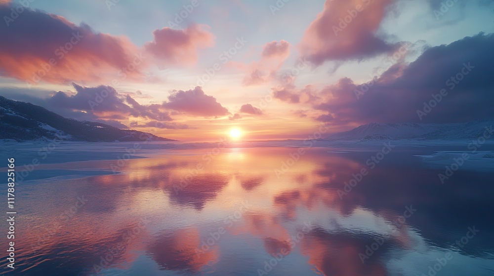 A breathtaking winter sunset over a peaceful lake, with the reflection of colorful clouds on the icy surface. A breathtaking winter sunset over a peaceful lake, with the reflection of colorful clouds on the icy surface.