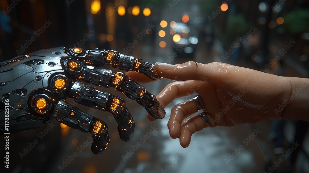 A robotic hand reaches out to touch a human hand, symbolizing connection. A robotic hand reaches out to touch a human hand, symbolizing connection.