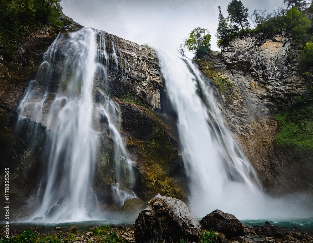 Fototapeta premium A stunning scenic view of a waterfall, cascading down rocks into a serene pool below