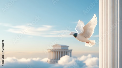 A pigeon flying among fluffy clouds with a majestic Roman temple in the background, creating a dreamy and historical atmosphere.