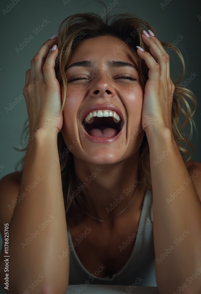 A woman screams in shock, her hands pressed against her head A woman screams in shock, her hands pressed against her head